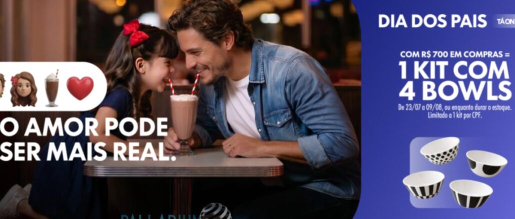 Pai e filha sorriem tomando milkshake juntos em mesa de restaurante, com banner do Shopping Palladium Curitiba anunciando promoção de Dia dos Pais com kit de 4 bowls a partir de R$700,00 em compras