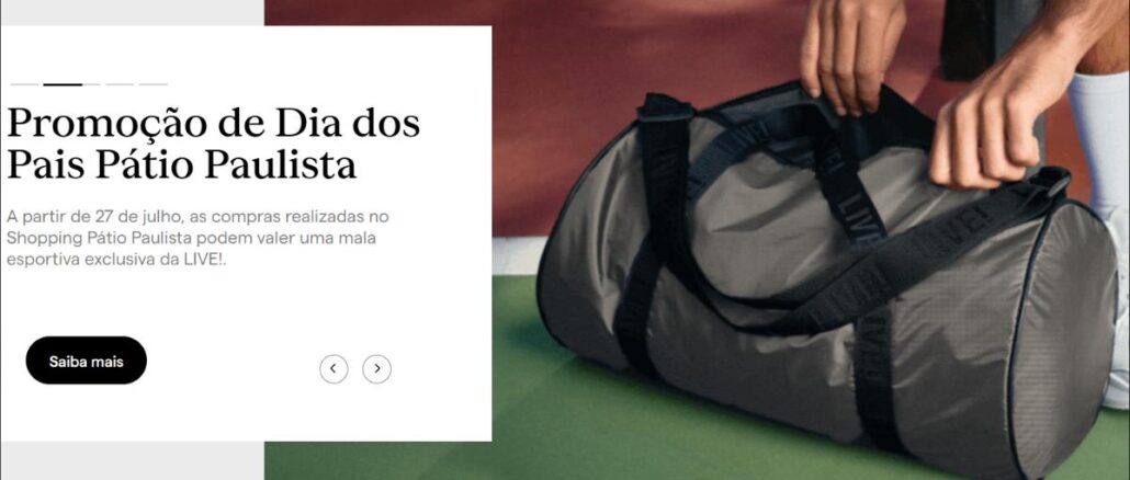 Dia dos Pais Shopping Pátio Paulista Banner da Promoção de Dia dos Pais do Shopping Pátio Paulista, com mala esportiva da marca LIVE! ao fundo.