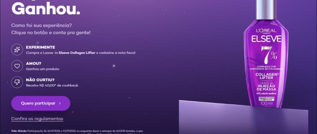 Experimentou Ganhou Elseve Banner roxo da promoção Experimentou, Ganhou da L'Oréal Paris Elseve, com o frasco do Leave-in Elseve Collagen Lifter Injeção de Massa 7% ao lado do texto explicando como participar e do botão Quero participar.