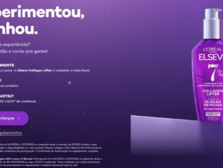 Banner roxo da promoção Experimentou, Ganhou da L'Oréal Paris Elseve, com o frasco do Leave-in Elseve Collagen Lifter Injeção de Massa 7% ao lado do texto explicando como participar e do botão Quero participar.