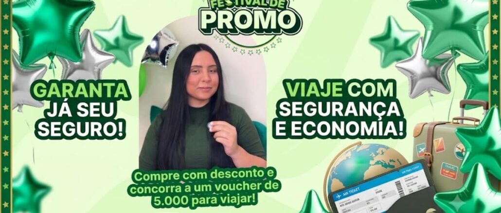 Festival de Promo SegurosPromo Banner do Festival de Promo da SegurosPromo com balões de estrelas verdes e prateados, mulher de cabelos longos ao centro, mala de viagem, globo terrestre, passagem aérea e os textos garanta já seu seguro e viaje com segurança e economia.