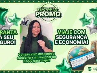 Banner do Festival de Promo da SegurosPromo com balões de estrelas verdes e prateados, mulher de cabelos longos ao centro, mala de viagem, globo terrestre, passagem aérea e os textos garanta já seu seguro e viaje com segurança e economia.