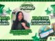 Banner do Festival de Promo da SegurosPromo com balões de estrelas verdes e prateados, mulher de cabelos longos ao centro, mala de viagem, globo terrestre, passagem aérea e os textos garanta já seu seguro e viaje com segurança e economia.
