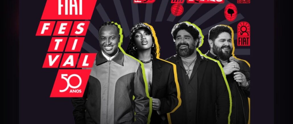 Arte promocional do Fiat Festival 50 Anos, com quatro cantores em preto e branco e detalhes em vermelho, verde limão e dourado, ao lado da logomarca da Fiat.