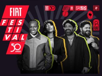 Arte promocional do Fiat Festival 50 Anos, com quatro cantores em preto e branco e detalhes em vermelho, verde limão e dourado, ao lado da logomarca da Fiat.