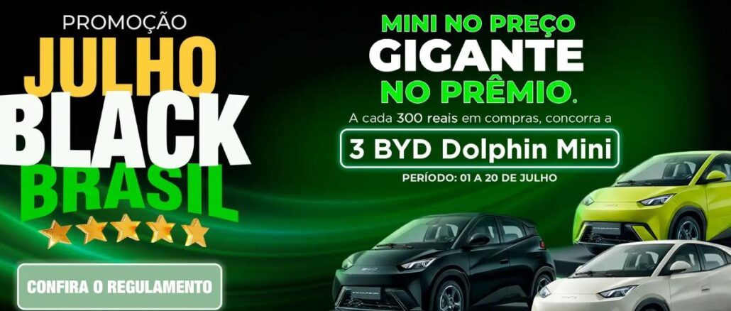 Banner da Promoção Julho Black Brasil 2026 da AD Shopping com três carros BYD Dolphin Mini nas cores preto, branco e verde-limão sobre fundo verde e preto