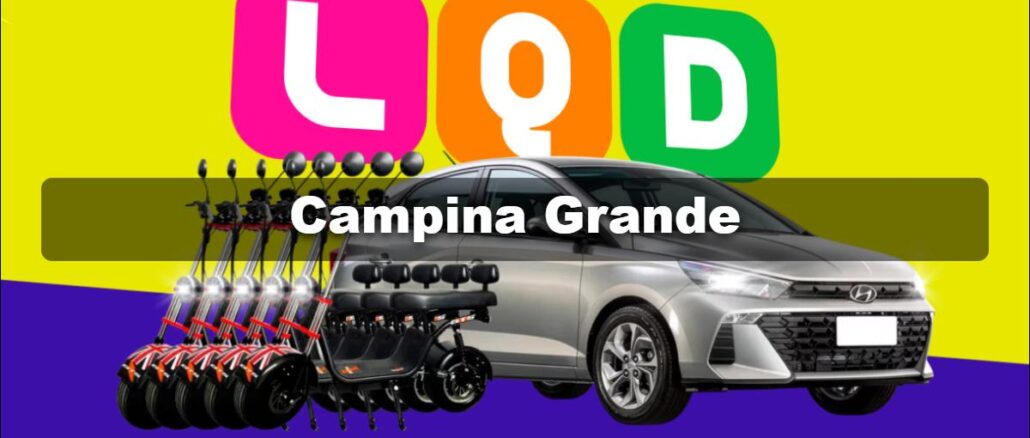 Banner promocional da Liquida Campina Grande 2026, com fundo amarelo e roxo, letras L Q D em rosa, laranja e verde, faixa com o nome Campina Grande, cinco motos elétricas enfileiradas e um carro sedã prata Hyundai 0km ao lado, com o texto 5 motos elétricas mais 1 carro 0km e o período de 08 a 18 de julho de 2026.