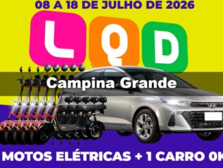 Banner promocional da Liquida Campina Grande 2026, com fundo amarelo e roxo, letras L Q D em rosa, laranja e verde, faixa com o nome Campina Grande, cinco motos elétricas enfileiradas e um carro sedã prata Hyundai 0km ao lado, com o texto 5 motos elétricas mais 1 carro 0km e o período de 08 a 18 de julho de 2026.
