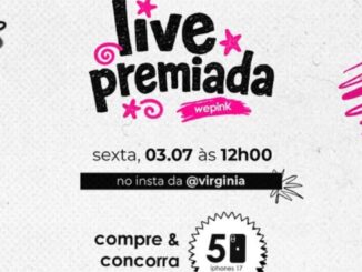 Banner promocional da Live Premiada WePink, com sexta-feira 03/07 às 12h00 no Instagram da Virgínia, oferecendo sorteio de 50 iPhones 17 para quem comprar e concorrer.