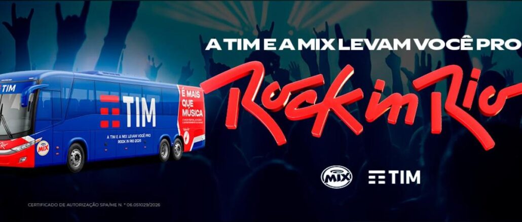 Ônibus azul da TIM personalizado com arte do Rock in Rio 2026, ao lado da chamada "A TIM e a Mix levam você pro Rock in Rio" e dos logotipos da Mix e da TIM sobre fundo escuro com silhuetas de fãs erguendo as mãos.