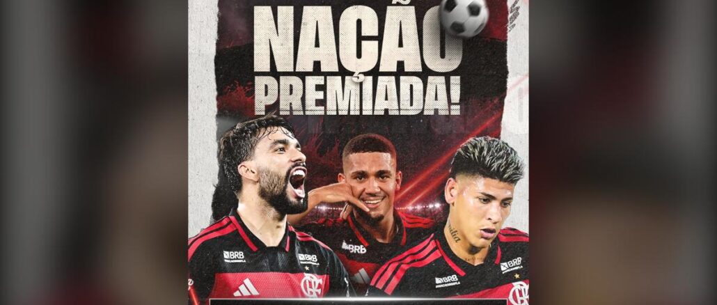 Banner promocional Nação Premiada, parceria entre Flamengo e Wap, com três jogadores do time em foto de celebração, logo do clube e da Wap no topo, bola de futebol ilustrada e texto anunciando sorteio de produtos Wap e camisa autografada do Rubro-Negro.