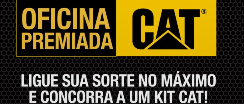 Banner da promoção Oficina Premiada CAT em fundo preto com textura de colmeia, exibindo a logomarca preta e amarela da Oficina Premiada ao lado do logotipo CAT, com a frase Ligue sua sorte no máximo e concorra a um kit CAT em letras brancas