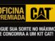 Banner da promoção Oficina Premiada CAT em fundo preto com textura de colmeia, exibindo a logomarca preta e amarela da Oficina Premiada ao lado do logotipo CAT, com a frase Ligue sua sorte no máximo e concorra a um kit CAT em letras brancas