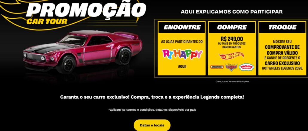 Banner da promoção Car Tour Hot Wheels Legends 2026 na Ri Happy com miniatura de carro rosa metálico e instruções de participação encontre, compre e troque.
