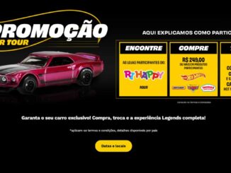 Banner da promoção Car Tour Hot Wheels Legends 2026 na Ri Happy com miniatura de carro rosa metálico e instruções de participação encontre, compre e troque.