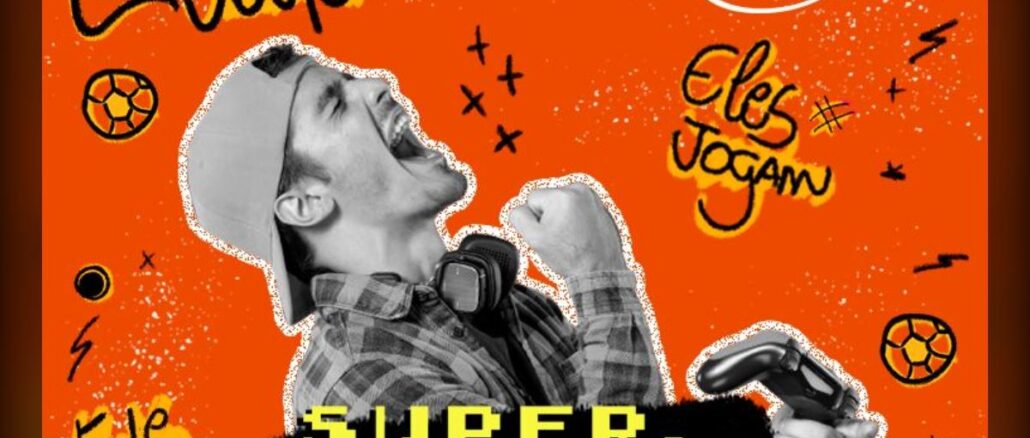 Homem comemora com o punho erguido usando boné e segurando controle de videogame, fundo laranja com ilustrações de bola de futebol e raios, logotipo da 98FM e texto Super Game 98