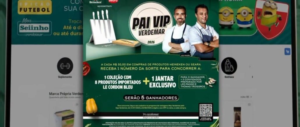 Banner da promoção Pai VIP Verdemar 2026, apresentada por Heineken e Seara, com prêmios que incluem coleção de produtos Le Cordon Bleu e jantar exclusivo com os chefs Léo Paixão e Thomas Troisgros.