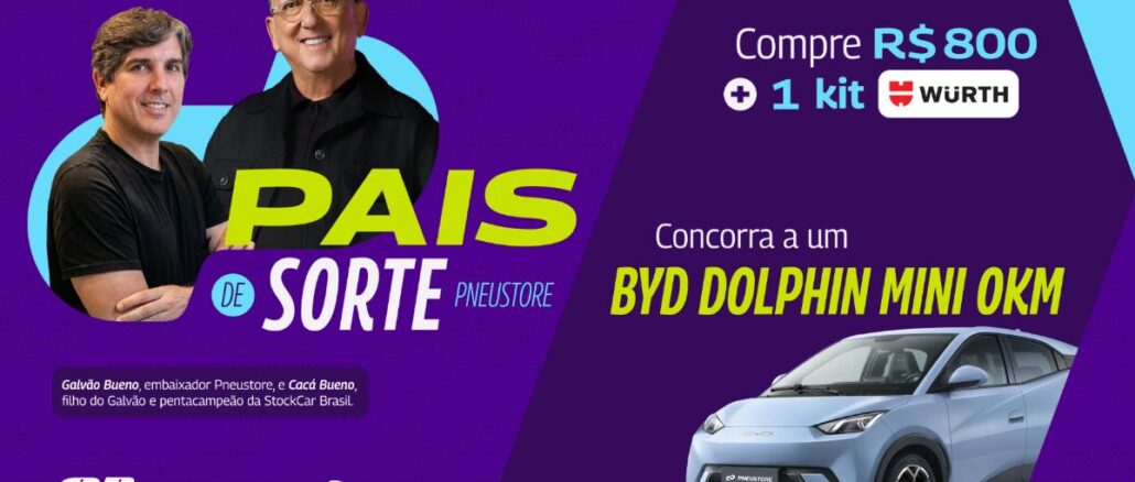 Pais de Sorte Pneustore Banner roxo da promoção Pais de Sorte Pneustore, com Galvão Bueno e Cacá Bueno de braços cruzados ao lado do texto Pais de Sorte Pneustore, anúncio de compra de R$800 mais kit Würth e sorteio de um BYD Dolphin Mini 0km, com foto do carro na cor cinza claro e logotipos GP Pneus, Agora É e Pneustore na parte inferior.