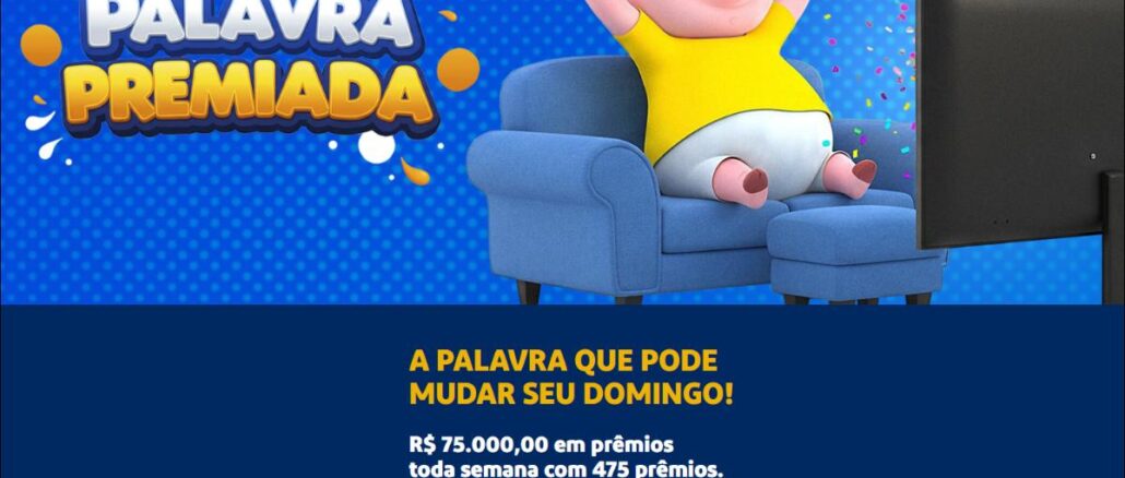 Palavra Premiada TeleSena Semanal Banner azul da promoção Palavra Premiada TeleSena Semanal com mascote porco animado sentado em poltrona, sorrindo e comemorando em frente a uma televisão, com destaque para o prêmio de R$75.000,00 e botão de compra da Tele Sena Semanal
