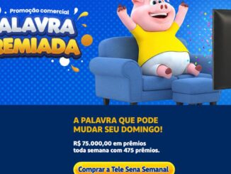 Banner azul da promoção Palavra Premiada TeleSena Semanal com mascote porco animado sentado em poltrona, sorrindo e comemorando em frente a uma televisão, com destaque para o prêmio de R$75.000,00 e botão de compra da Tele Sena Semanal
