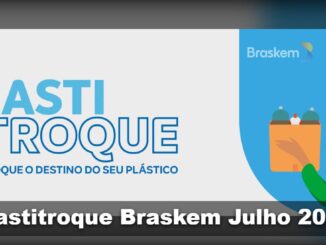 Banner promocional Plastitroque Braskem julho 2026, com logotipo Plasti Troque em azul e o slogan Troque o Destino do Seu Plástico, ao lado de ilustração de mulher segurando caixa com garrafas plásticas e logotipo da Braskem sobre fundo azul.