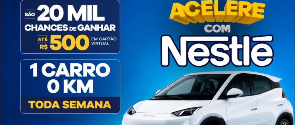 Promoção Acelere com Nestlé Banner da promoção Acelere com Nestlé em fundo azul, com destaque para carro branco 0KM, prêmio semanal e cartões virtuais de até R$500