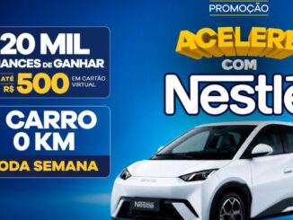 Banner da promoção Acelere com Nestlé em fundo azul, com destaque para carro branco 0KM, prêmio semanal e cartões virtuais de até R$500
