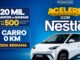 Banner da promoção Acelere com Nestlé em fundo azul, com destaque para carro branco 0KM, prêmio semanal e cartões virtuais de até R$500