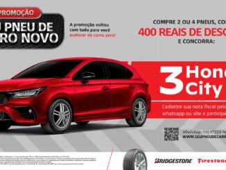 Banner da Promoção Bridgestone Seu Pneu de Carro Novo com Honda City vermelho, desconto de até R$400 na compra de 2 ou 4 pneus e sorteio de 3 Honda City.