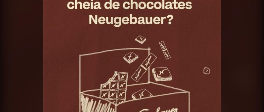 Ilustração em desenho de traço branco sobre fundo marrom escuro, mostrando uma caixa de chocolates Neugebauer aberta com tabletes e bombons saltando para fora, ao lado do texto Quer ganhar uma caixa cheia de chocolates Neugebauer