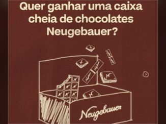 Ilustração em desenho de traço branco sobre fundo marrom escuro, mostrando uma caixa de chocolates Neugebauer aberta com tabletes e bombons saltando para fora, ao lado do texto Quer ganhar uma caixa cheia de chocolates Neugebauer