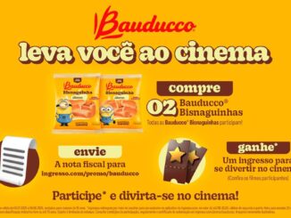 Promoção Bauducco leva você ao cinema: compre duas Bisnaguinhas Bauducco Minions, envie a nota fiscal para ingresso.com/promo/bauducco e concorre a um ingresso de cinema