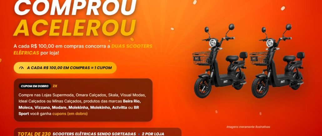 Banner da promoção Comprou Acelerou de campanha oficial 2026, com fundo laranja e vermelho em degradê, mostrando duas scooters elétricas pretas modelo M1 lado a lado à direita, título em destaque nas cores branco e amarelo, e confetes espalhados pela imagem.