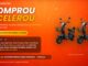 Banner da promoção Comprou Acelerou de campanha oficial 2026, com fundo laranja e vermelho em degradê, mostrando duas scooters elétricas pretas modelo M1 lado a lado à direita, título em destaque nas cores branco e amarelo, e confetes espalhados pela imagem.