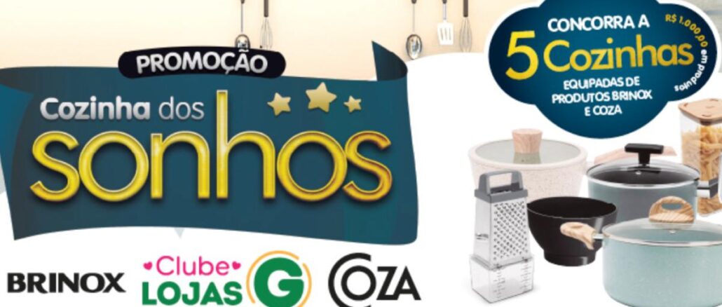 Banner da promoção Cozinha dos Sonhos das Lojas G, com selo destacando sorteio de 5 cozinhas equipadas com produtos Brinox e Coza, avaliadas em R$1.000,00 em produtos, ao fundo utensílios de cozinha pendurados e à direita um jogo de panelas, ralador, jarra medidora e potes, com os logotipos Brinox, Clube Lojas G e Coza na parte inferior.