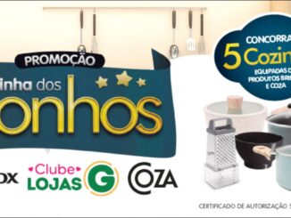 Banner da promoção Cozinha dos Sonhos das Lojas G, com selo destacando sorteio de 5 cozinhas equipadas com produtos Brinox e Coza, avaliadas em R$1.000,00 em produtos, ao fundo utensílios de cozinha pendurados e à direita um jogo de panelas, ralador, jarra medidora e potes, com os logotipos Brinox, Clube Lojas G e Coza na parte inferior.