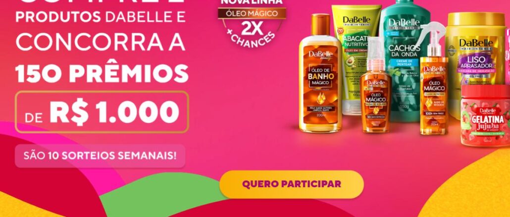 Banner promocional DaBelle em fundo rosa e laranja com produtos da linha Hair Intense, óleo mágico, creme de pentear, máscara de hidratação e gelatina de jujuba, com botão quero participar