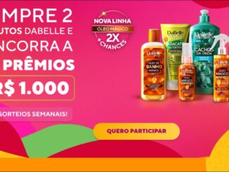Banner promocional DaBelle em fundo rosa e laranja com produtos da linha Hair Intense, óleo mágico, creme de pentear, máscara de hidratação e gelatina de jujuba, com botão quero participar