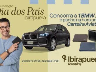 Banner da promoção Dia dos Pais Ibirapuera Shopping mostrando um homem sorridente segurando uma carteira, ao lado de um carro BMW X1 preto e três modelos de carteiras de couro, com texto sobre concorrer a um BMW X1 e ganhar uma carteira Aviator na hora
