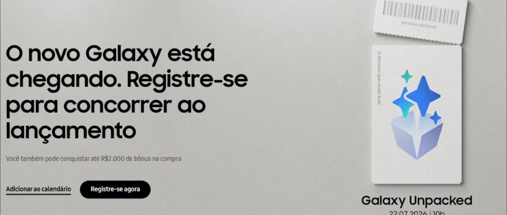 Banner promocional da Samsung anunciando o evento Galaxy Unpacked, com convite digital ilustrado e chamada para cadastro no lançamento do novo Galaxy.