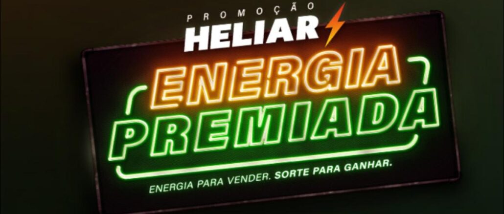 Promoção Heliar Energia Premiada Banner da Promoção Heliar Energia Premiada com letreiro neon nas cores laranja e verde sobre fundo escuro, trazendo o slogan energia para vender, sorte para ganhar.