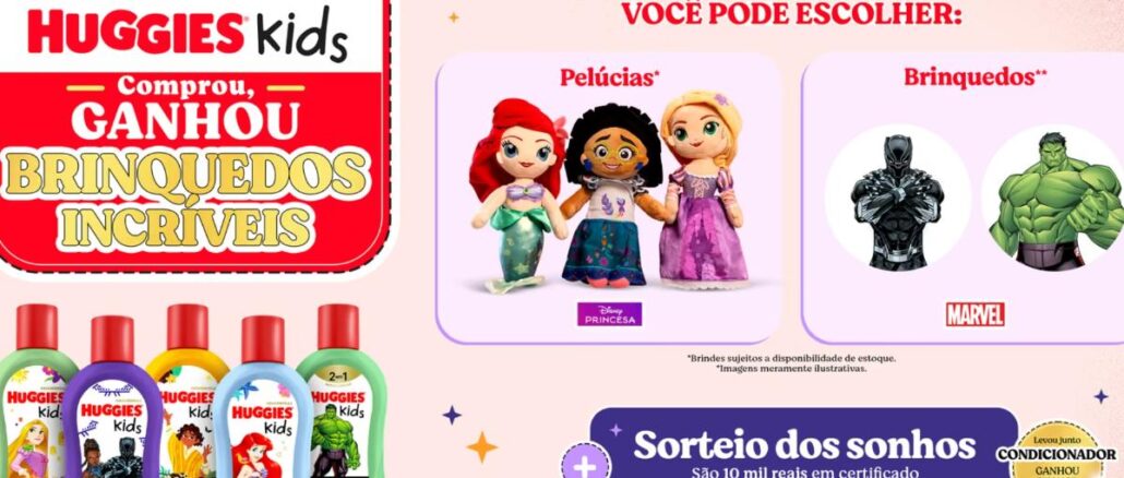 Banner da promoção Huggies Kids Comprou, Ganhou, com bonecas de pelúcia das Princesas Disney e bonecos da Marvel ao lado de produtos Huggies Kids