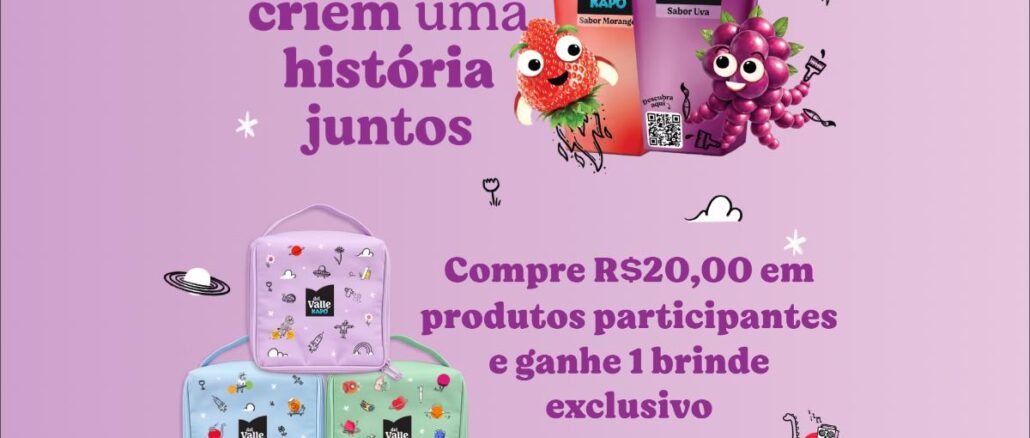 Peça publicitária da promoção Kapo Volta às Aulas da Del Valle, com mascotes de morango e uva animados ao lado de embalagens de suco, e três lancheiras temáticas coloridas como brindes.