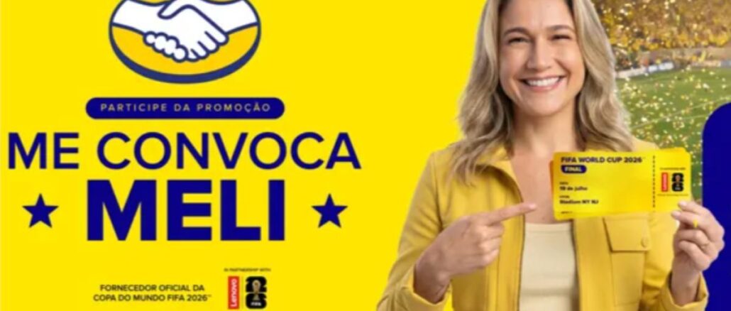 Promoção #MeConvocaMeli Mercado Livre Banner da promoção Me Convoca Meli do Mercado Livre, com mulher segurando ingresso da final da Copa do Mundo FIFA 2026.