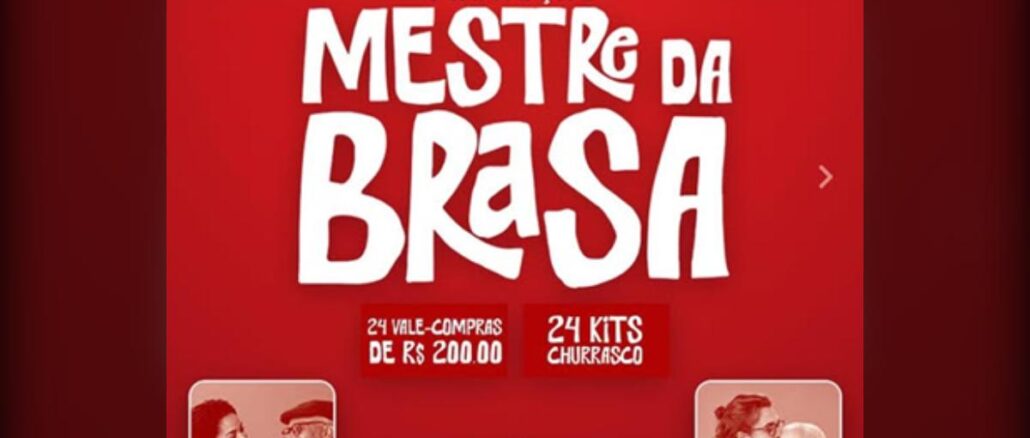 Arte promocional vermelha da Promoção Mestre da Brasa da Peruzzo Supermercados para o Dia dos Pais, com os dizeres Mestre da Brasa em letras brancas, prêmios de 24 vale-compras de R$200,00 e 24 kits churrasco, logotipo da Peruzzo e fotos de pais e filhos se abraçando.