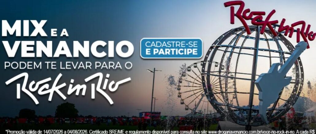 Banner promocional da Mix e Drogaria Venâncio anunciando sorteio de viagem para o Rock in Rio, com globo metálico do festival, roda-gigante ao fundo e selo cadastre-se e participe