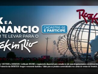 Banner promocional da Mix e Drogaria Venâncio anunciando sorteio de viagem para o Rock in Rio, com globo metálico do festival, roda-gigante ao fundo e selo cadastre-se e participe