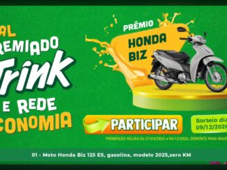 Banner da promoção Natal Premiado Trink com Rede Economia, em fundo verde, mostrando uma moto Honda Biz 125 ES prateada sobre pódio amarelo, com selo Bom de Preço, botão participar e informações de sorteio dia 09/12/2026.
