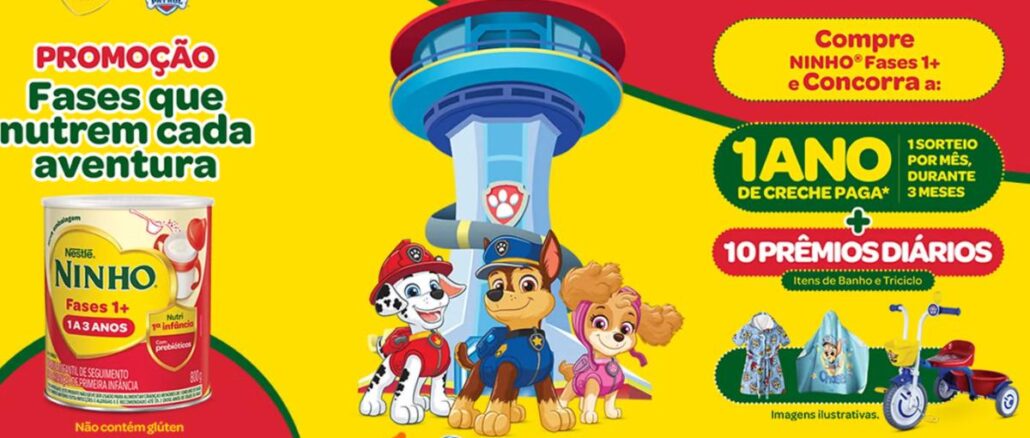 Banner da Promoção Ninho Fases que Nutrem Cada Aventura, em parceria com Patrulha Canina, com lata de Ninho Fases 1+ e prêmios de 1 ano de creche paga e itens diários.