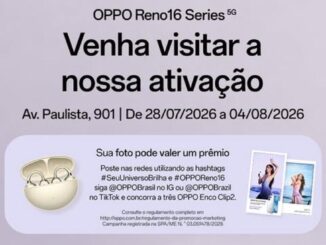 Banner da promoção Seu Universo Brilha da OPPO Reno16 Series 5G, com ativação presencial na Av. Paulista, 901, de 28/07/2026 a 04/08/2026, e sorteio de três fones OPPO Enco Clip2 para quem postar foto com as hashtags #SeuUniversoBrilha e #OPPOReno16.